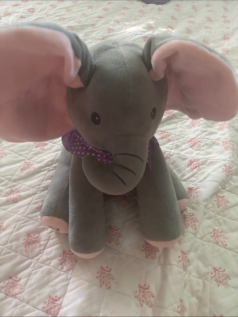Gray and Pink Plush Elephant Stuffed Animal with Purple Polka-Dot Scarf